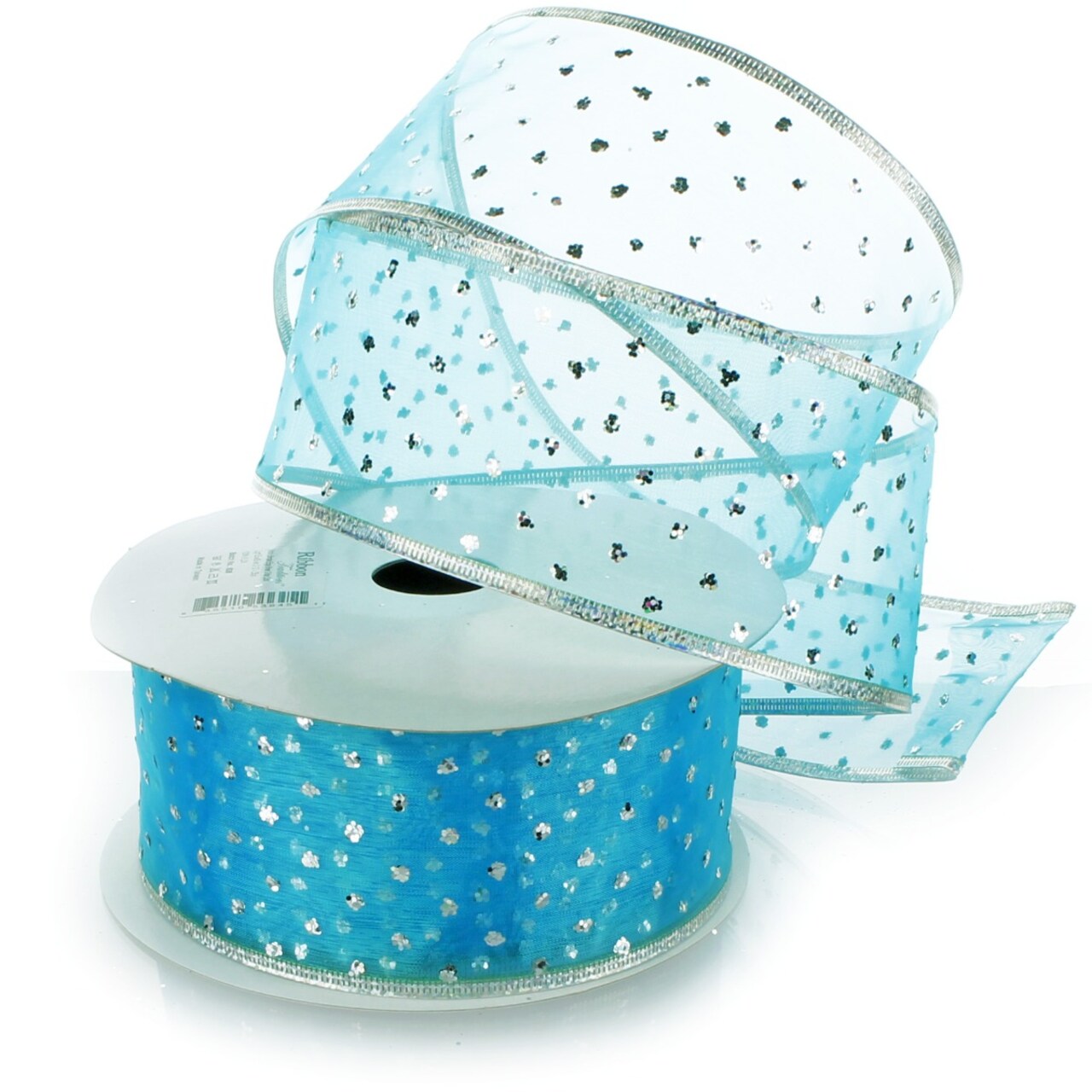 2 1/2" Wired Ribbon Metallic Banded Edge Sheer Glitter Dots Turquoise/Silver - 10 Yards